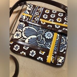 Vera Bradley foldover cross body handbag brown blue yellow floral patent leather